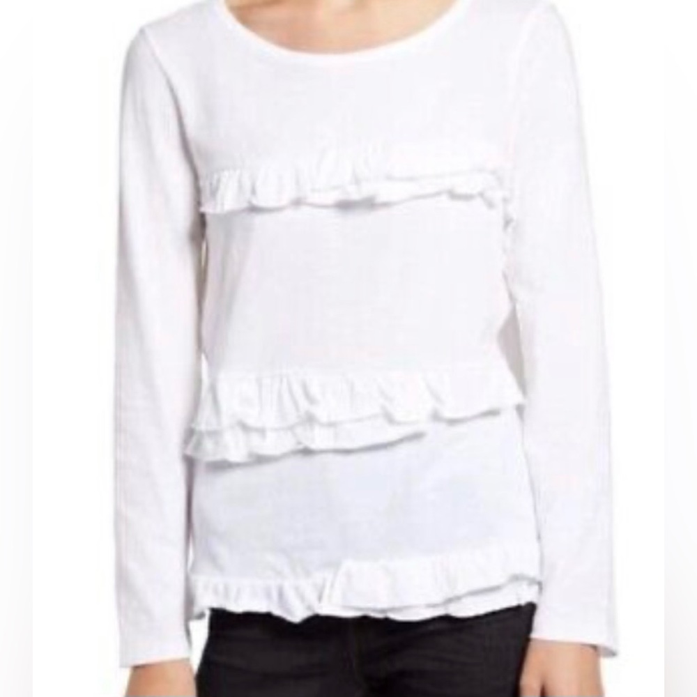 JCrew Woman’s Ruffled Vintage Cotton Long Sleeve T Shirt. White. Size XS.